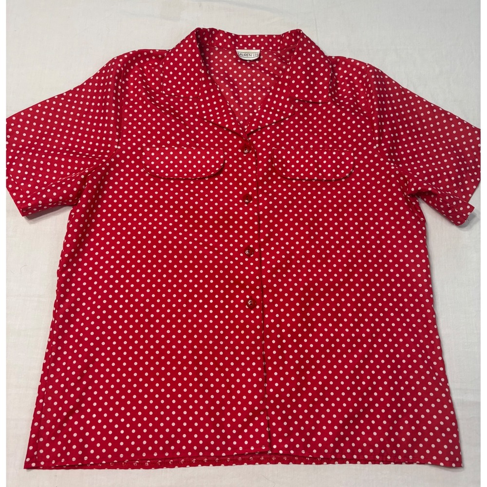 Vintage Lauren Lee Red Polka Dot Short Sleeve Button Down Shirt Size 16